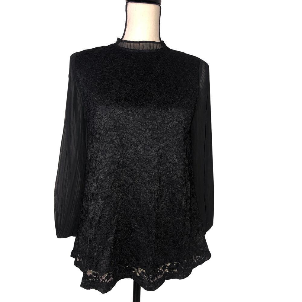 Whimsigoth Lace Top Size S Witchy Sheer Pleated Sleeves High Ruffle Collar NEW